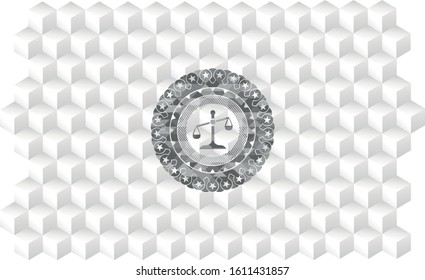 scale icon inside grey icon or emblem with geometric cube white background