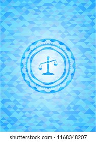 scale icon inside light blue emblem. Mosaic background