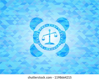 scale icon inside light blue emblem with triangle mosaic background
