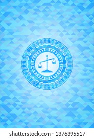 scale icon inside light blue emblem with triangle mosaic background