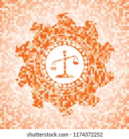 scale icon inside orange tile background illustration. Square geometric mosaic seamless pattern with emblem inside.