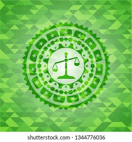 scale icon inside realistic green emblem. Mosaic background