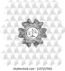 scale icon inside realistic grey emblem with cube white background