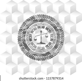 scale icon inside realistic grey emblem with geometric cube white background