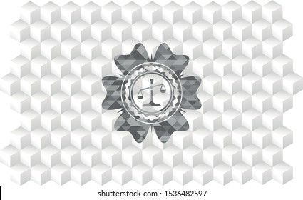 scale icon inside realistic grey emblem with geometric cube white background