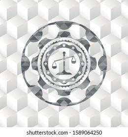 scale icon inside realistic grey emblem with cube white background