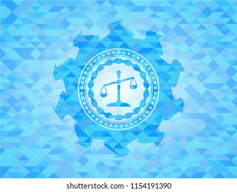 scale icon inside realistic sky blue mosaic emblem