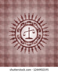 scale icon inside red emblem or badge with geometric pattern background. Seamless.