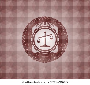 scale icon inside red emblem or badge with geometric pattern background. Seamless.