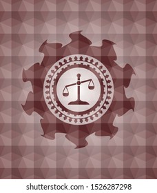 scale icon inside red emblem with geometric pattern background. Seamless.