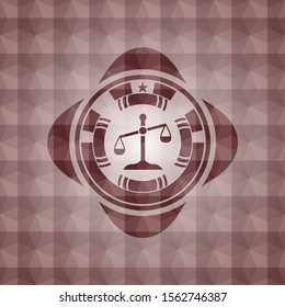 scale icon inside red emblem or badge with abstract geometric polygonal pattern background. Seamless.