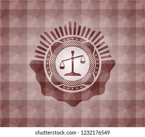 scale icon inside red geometric pattern emblem. Seamless.