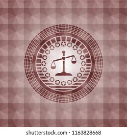 scale icon inside red seamless emblem or badge with geometric pattern background.