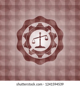 scale icon inside red seamless emblem or badge with abstract geometric pattern background.