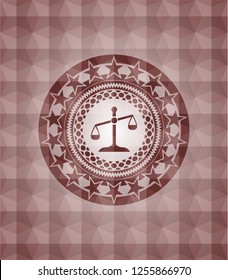 scale icon inside red seamless emblem or badge with geometric pattern background.