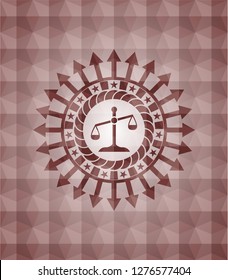 scale icon inside red seamless emblem with geometric background.