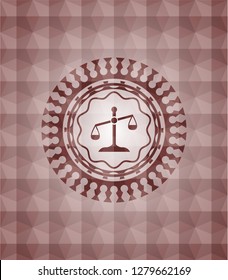 scale icon inside red seamless emblem or badge with abstract geometric polygonal pattern background.