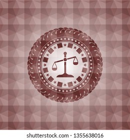 scale icon inside red seamless emblem with geometric pattern background.