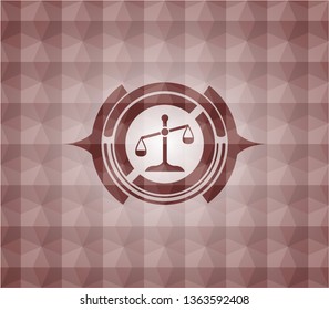 scale icon inside red seamless emblem or badge with geometric pattern background.
