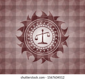 scale icon inside red seamless geometric emblem.