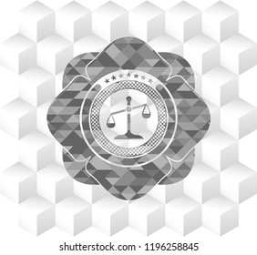scale icon inside retro style grey emblem with geometric cube white background
