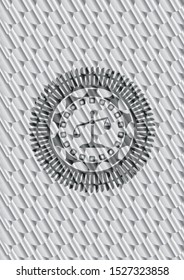 scale icon inside shiny silver badge. Scales pattern. Vector Illustration. Detailed.