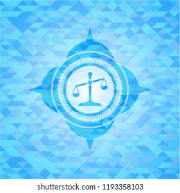 scale icon inside sky blue emblem with mosaic ecological style background