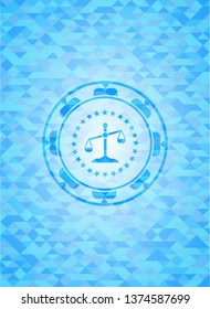 scale icon inside sky blue emblem with mosaic ecological style background