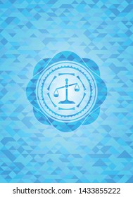 scale icon inside sky blue emblem with triangle mosaic background