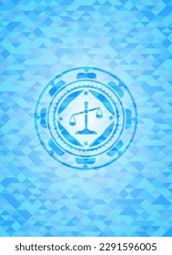 scale icon inside sky blue emblem with triangle mosaic background. 