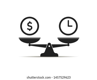 Scale Icon Money Vs Time Balance Isolated Icon. Value Work Concept. Clock And Dollar Signs. EPS 10