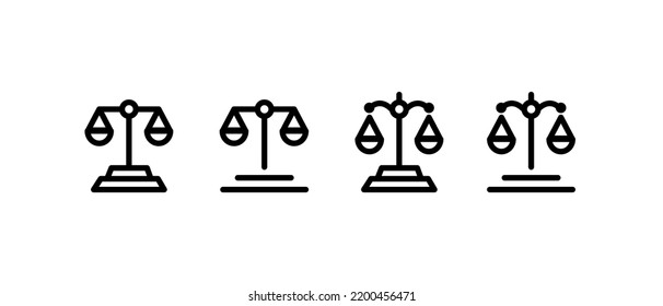 Scale icon. Scales of justice flat icon set. Vintage scale in balance and equilibrium. Vector icon of justice scales collection design. Vector illustration.