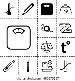 Scale icon. set of 13 filled and outline scale icons such as tape, themometer, thermometer, temperature, lugagge weight, weight, scales, floor scales