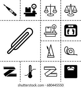 Scale icon. set of 13 filled and outline scale icons such as floor scales, thermometer, lugagge weight, tape, themometer, metronome, scales