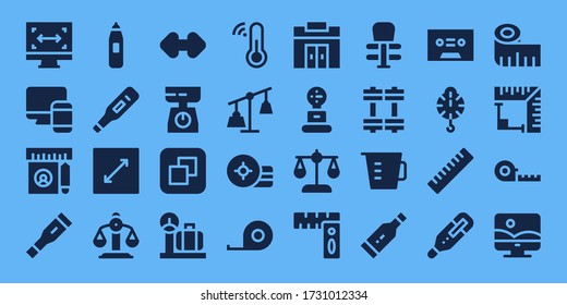 scale icon set. 32 filled scale icons. Included Size, Responsive, Ruler, Thermometer, Resize, Balance, Scale, Weights, Weight, Tape measure, Gym, Rulers, Exercise, Measuring cup icons