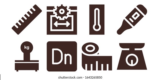 scale icon set. 8 filled scale icons.  Simple modern icons such as: Scales, Ruler, Dimension, Web size, Measuring tape, Thermometer, Scale