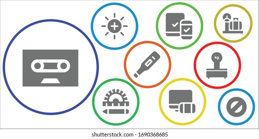 scale icon set. 9 filled scale icons.  Simple modern icons such as: Tape, Balance, Responsive, Ruler, Thermometer, Scales, Scale, Protractor