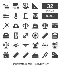 Scale Icon Set. Collection Of 32 Filled Scale Icons Included Pantone, Thermometer, Gym, Ruler, Weight, Scale, White Balance, Balance, Law, Weighing Justice, Libra, Magic Tool