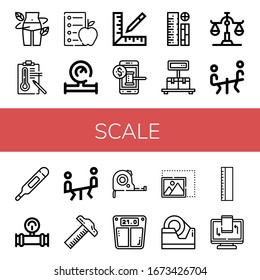 scale icon set. Collection of Diet, Temperature, Water meter, Ruler, Auction, Rulers, Scale, Seesaw, Thermometer, Manometer, Measuring tape, Bathroom scale, Resize, Tape icons