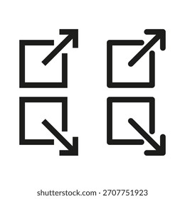 Conjunto de iconos de escala. Ampliar símbolo de minimizar. Vector de elemento de interfaz. Figura de contorno moderno.