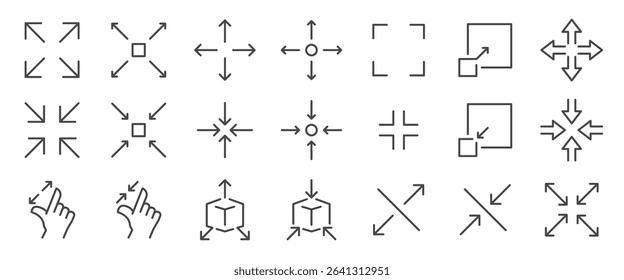 Scale icon set. It included size, minimize, maximize, full screen , windowed, and more icons. Editable Vector Stroke.