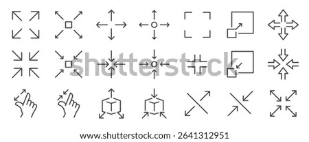 Scale icon set. It included size, minimize, maximize, full screen , windowed, and more icons. Editable Vector Stroke.