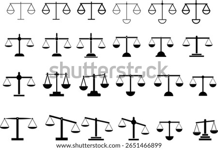 Scale icon set. Judgement justice scales symbols. Vintage balance and equilibrium. Weight icons. Law punishment sign
