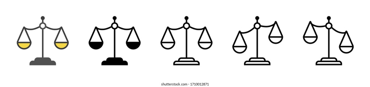 Scale icon. Set of scale justice icon on isolated background. Vector