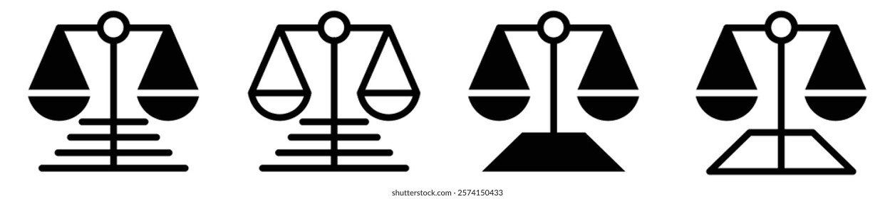 Scale icon set. Scales of justice flat icon set. Vintage scale in balance and equilibrium. Vector illustration.