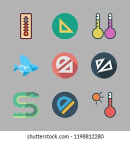 scale icon set. vector set about protractor, set square, flying fish and thermometers icons set.