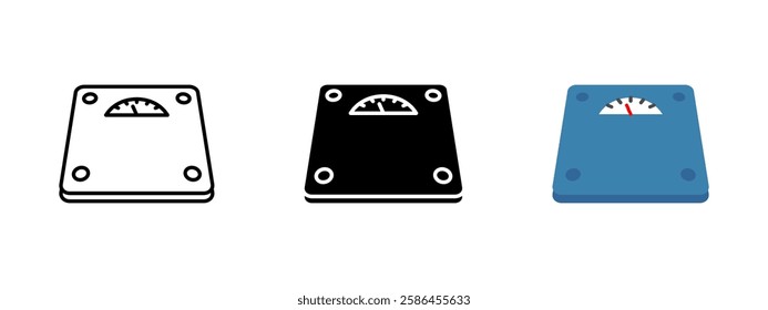 Scale icon. Weight measurement sign. Fitness tracking symbol. Body balance and health check pictogram. Digital and analog weighing device illustration.