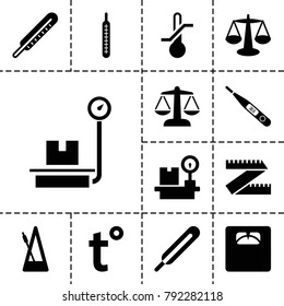 Scale icons. set of 13 editable filled scale icons such as scales, measure ruler, themometer, floor scales, lugagge weight, thermometer, metronome