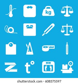 Scale icons set. set of 16 scale filled icons such as floor scales, tape, themometer, thermometer, lugagge weight, weight, metronome, temperature, scales, measuring tape