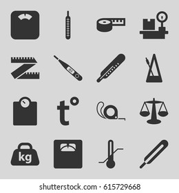 Scale icons set. set of 16 scale filled icons such as thermometer, tape, themometer, floor scales, lugagge weight, weight, metronome, temperature, scales, measuring tape
